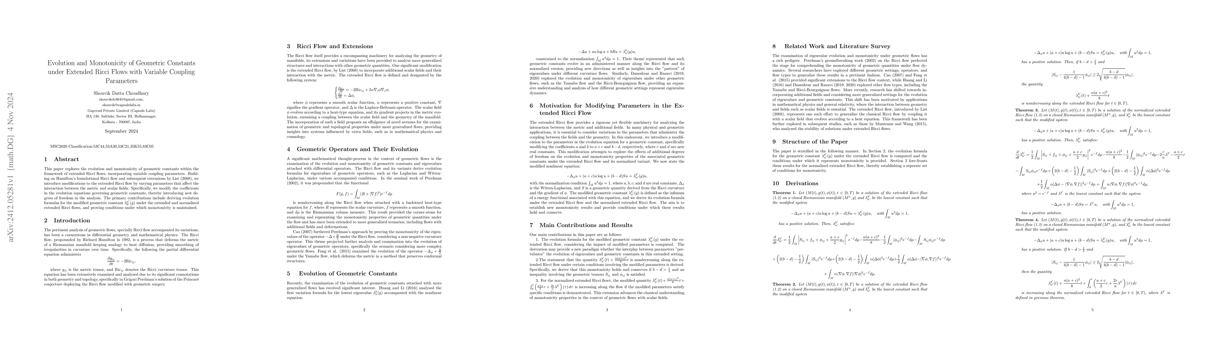 Thumbnail for Evolution and Monotonicity of Geometric Constants under Extended Ricci
  Flows with Variable Coupling Parameters
