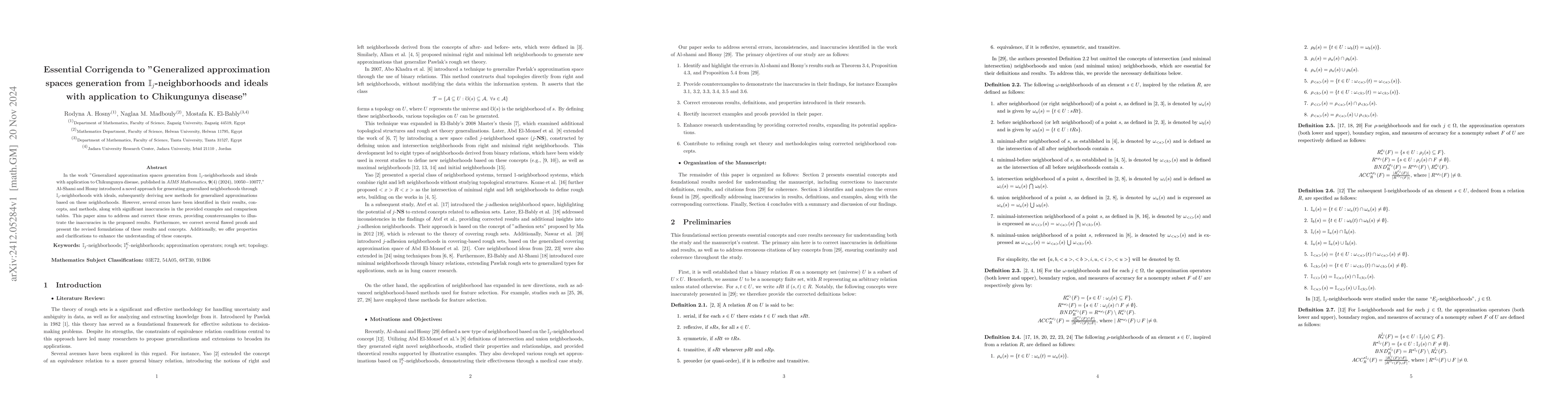 Thumbnail for Essential Corrigenda to "Generalized approximation spaces generation
  from $\mathbb{I}_{j}$-neighborhoods and ideals with application to
  Chikungunya disease"