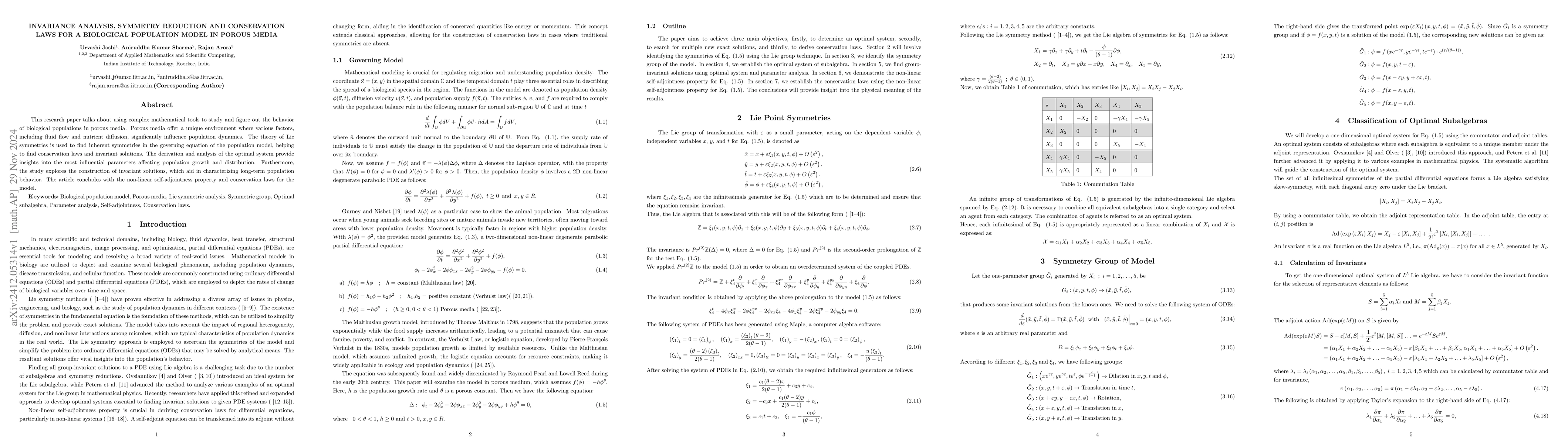 Thumbnail for Invariance Analysis, Symmetry Reduction and Conservation Laws for
  Biological Population in Porous Media