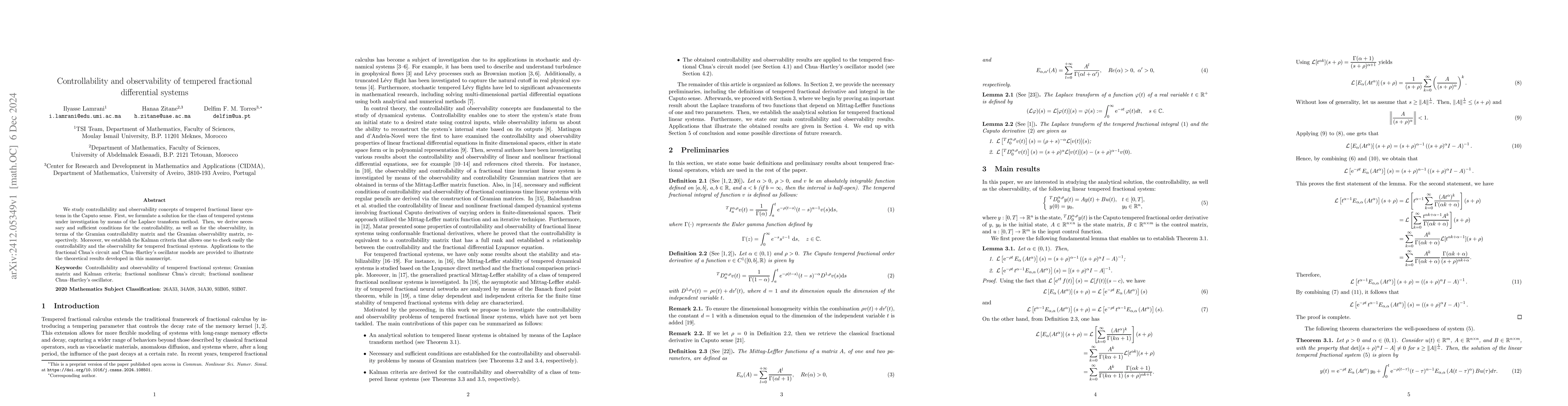 Thumbnail for Controllability and observability of tempered fractional differential
  systems