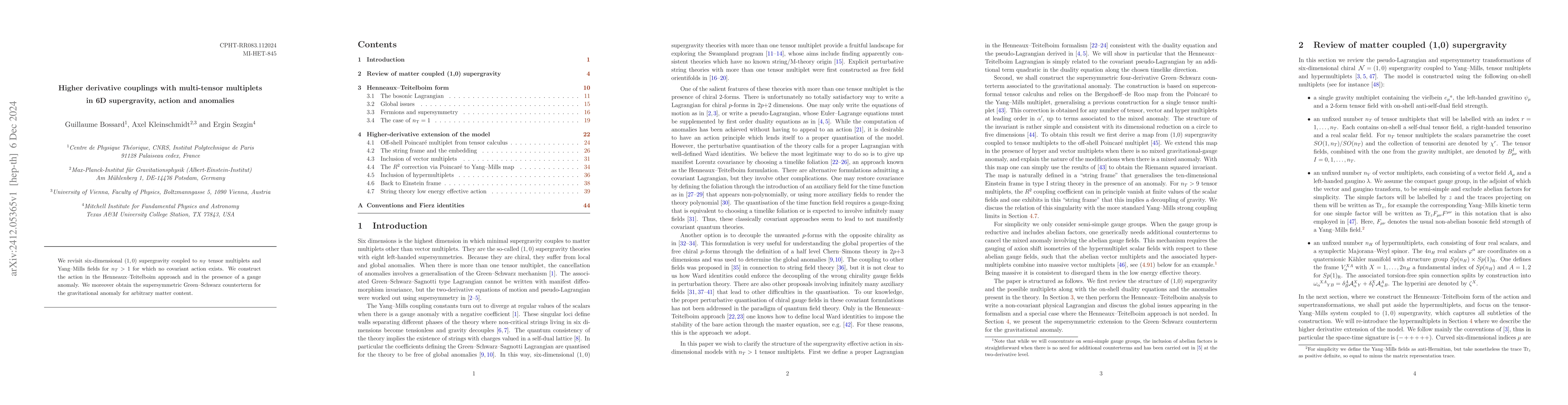 Thumbnail for Higher derivative couplings with multi-tensor multiplets in 6D
  supergravity, action and anomalies