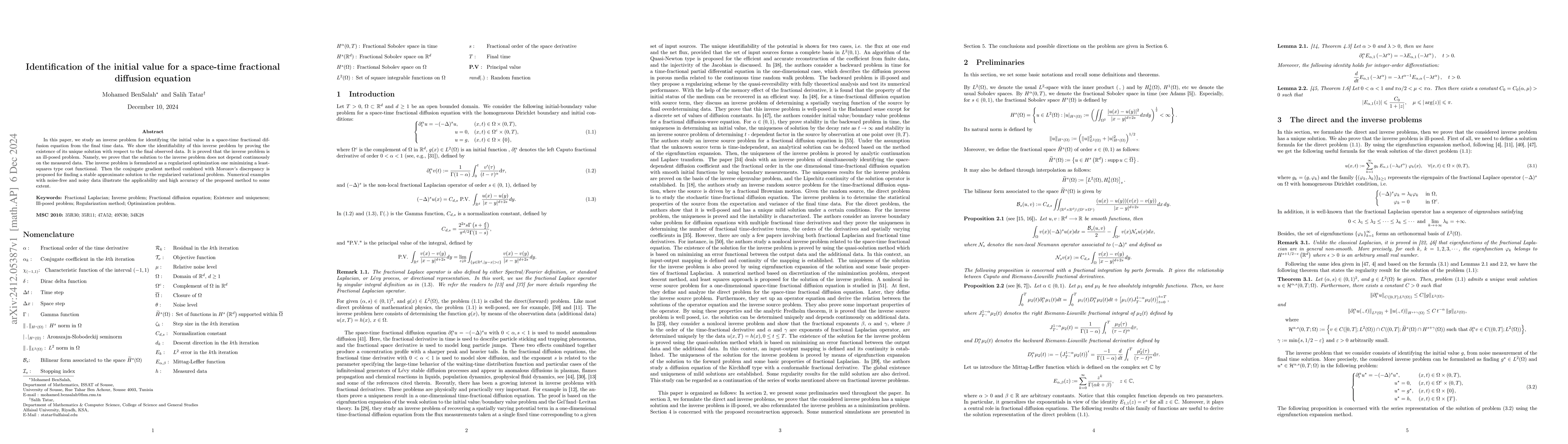 Thumbnail for Identification of the initial value for a space-time fractional
  diffusion equation