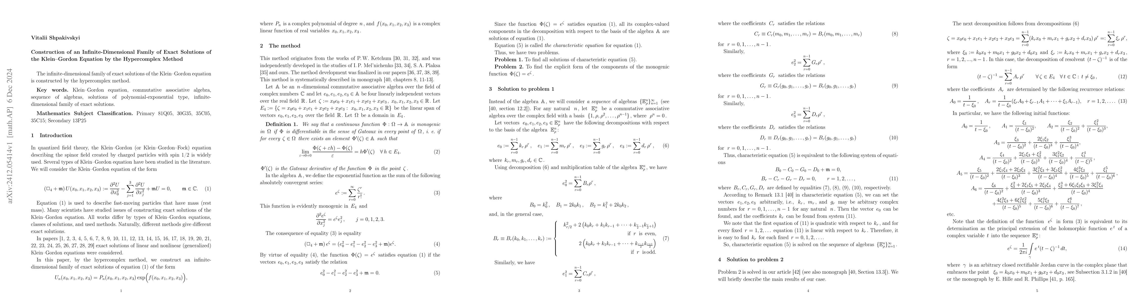 Thumbnail for Construction of an Infinite-Dimensional Family of Exact Solutions of the
  Klein--Gordon Equation by the Hypercomplex Method