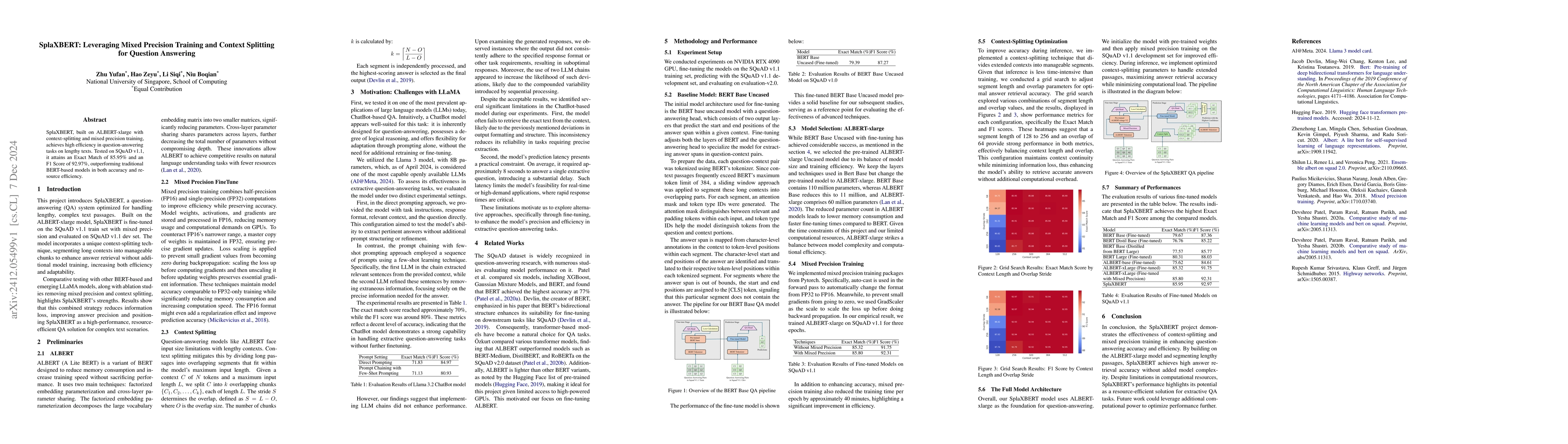 Thumbnail for SplaXBERT: Leveraging Mixed Precision Training and Context Splitting for
  Question Answering