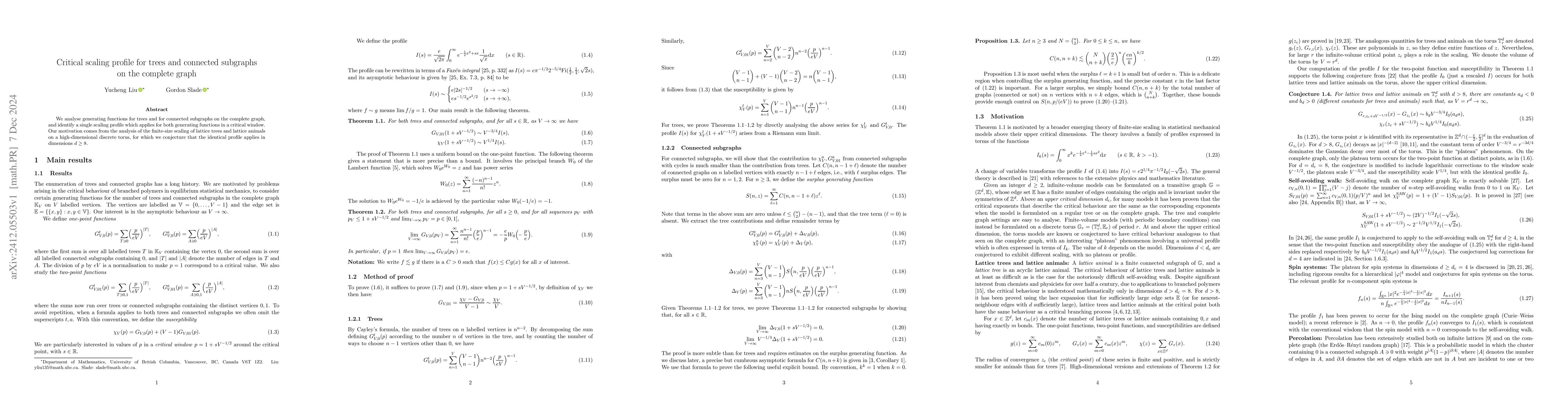 Thumbnail for Critical scaling profile for trees and connected subgraphs on the
  complete graph