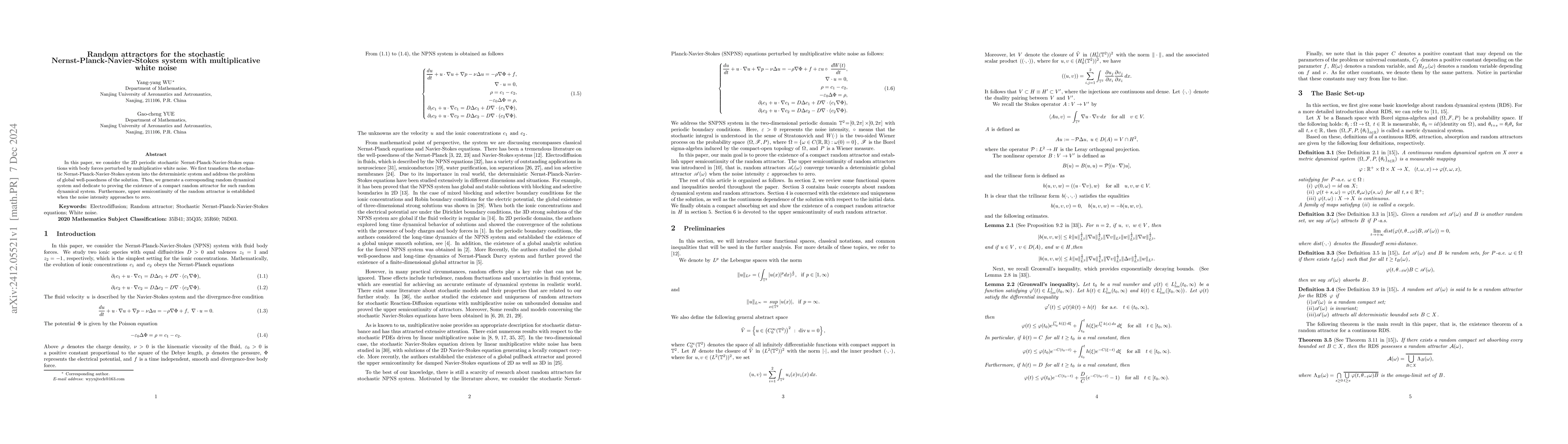 Thumbnail for Random attractors for the stochastic Nernst-Planck-Navier-Stokes system
  with multiplicative white noise