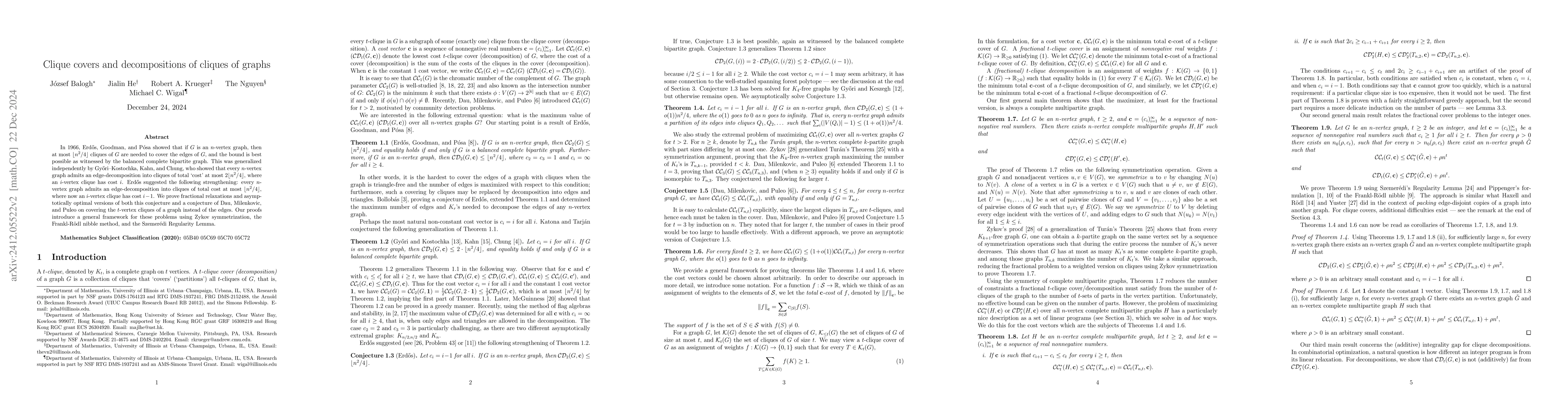 Thumbnail for Clique covers and decompositions of cliques of graphs