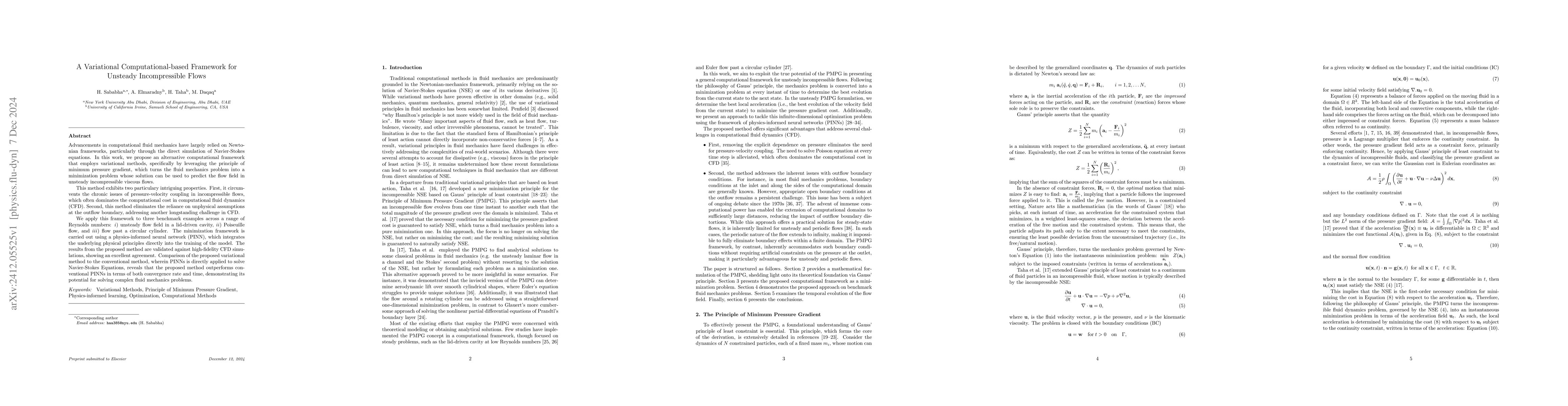 Thumbnail for A Variational Computational-based Framework for Unsteady Incompressible
  Flows