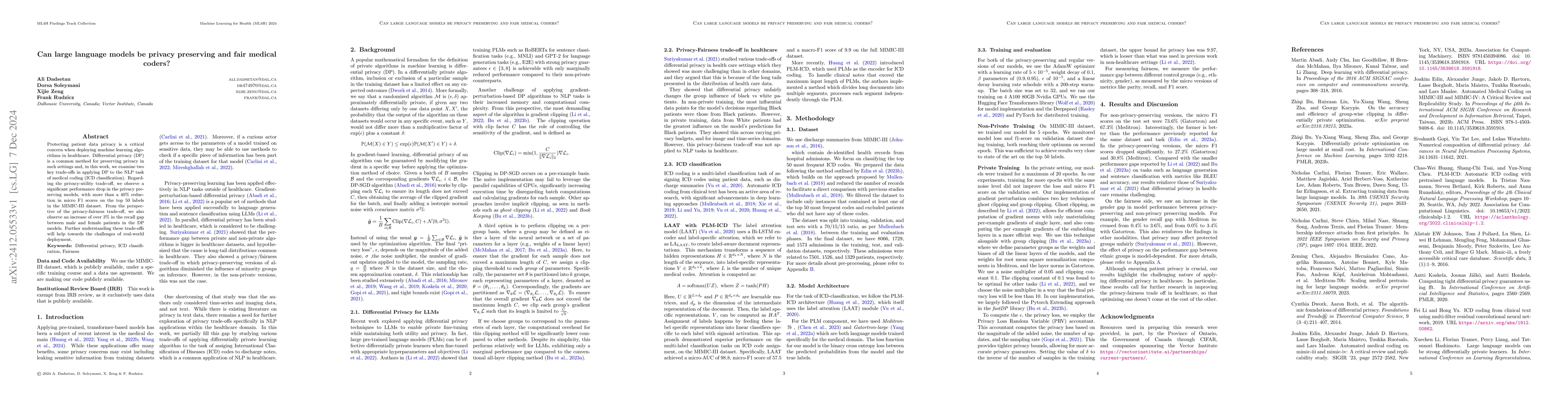 Thumbnail for Can large language models be privacy preserving and fair medical coders?