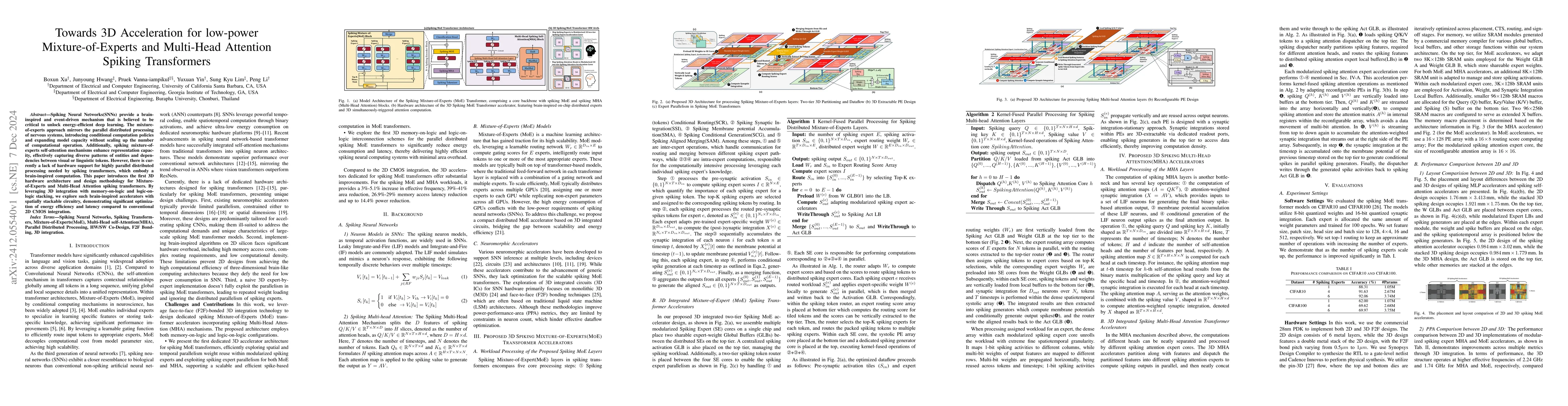 Thumbnail for Towards 3D Acceleration for low-power Mixture-of-Experts and Multi-Head
  Attention Spiking Transformers