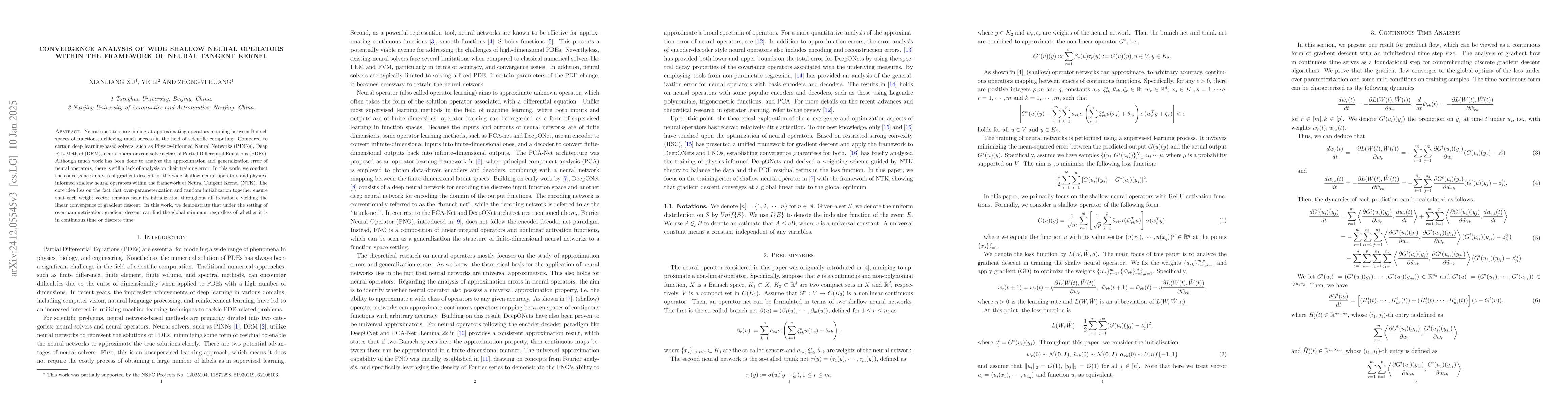 Thumbnail for Convergence analysis of wide shallow neural operators within the
  framework of Neural Tangent Kernel