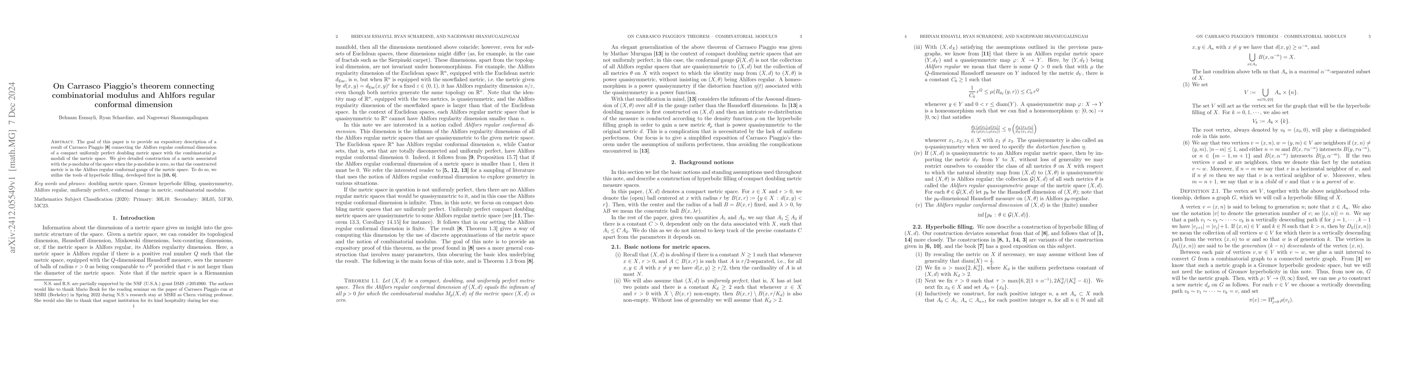 Thumbnail for On Carrasco Piaggio's theorem connecting combinatorial modulus and
  Ahlfors regular conformal dimension