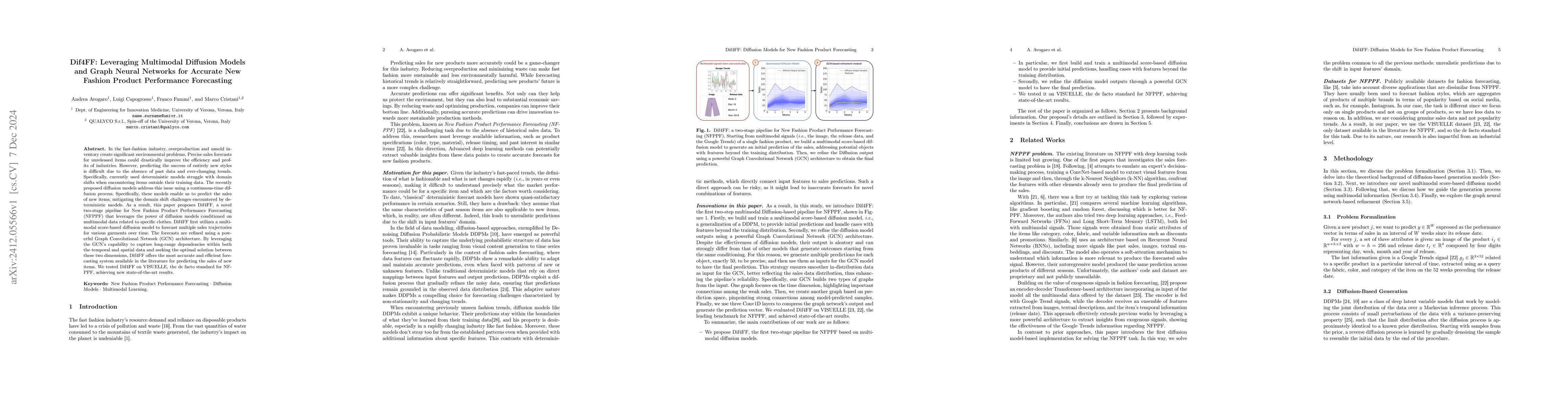 Thumbnail for Dif4FF: Leveraging Multimodal Diffusion Models and Graph Neural Networks
  for Accurate New Fashion Product Performance Forecasting