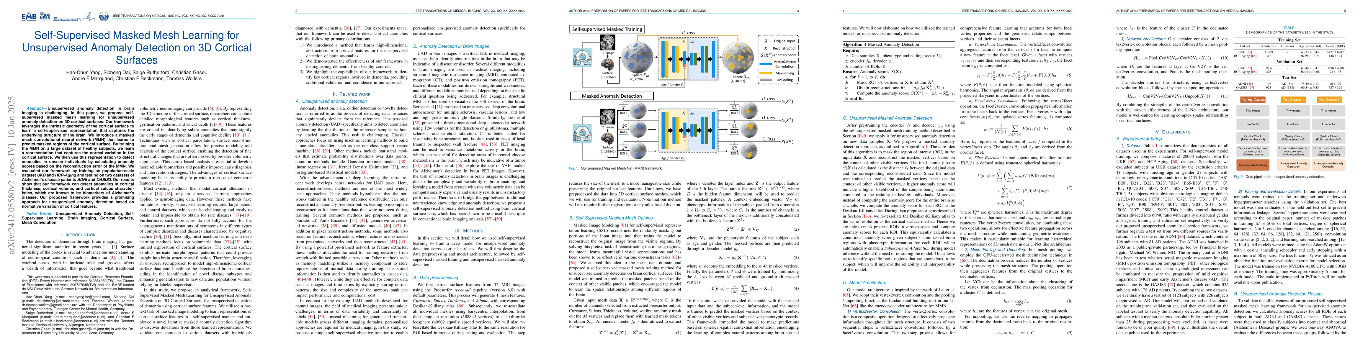 Thumbnail for Self-Supervised Masked Mesh Learning for Unsupervised Anomaly Detection
  on 3D Cortical Surfaces