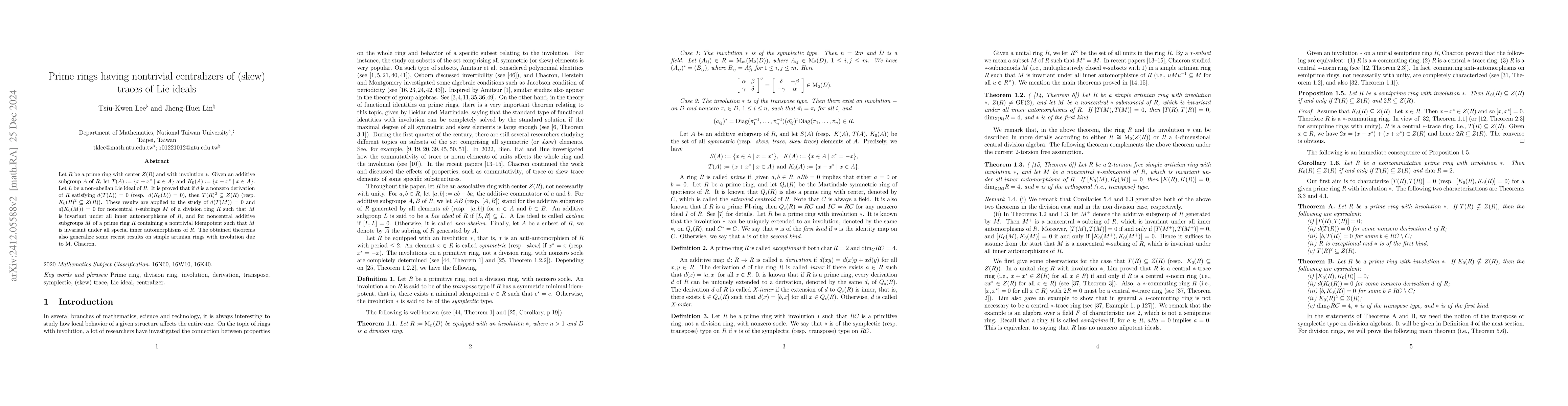 Thumbnail for Prime rings having nontrivial centralizers of (skew) traces of Lie
  ideals