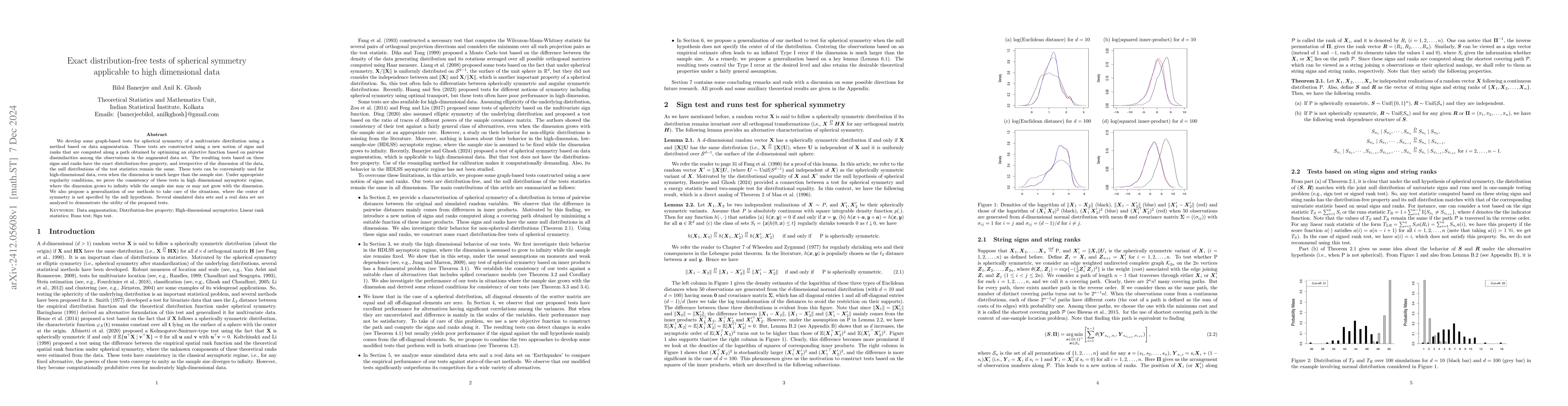 Thumbnail for Exact distribution-free tests of spherical symmetry applicable to high
  dimensional data