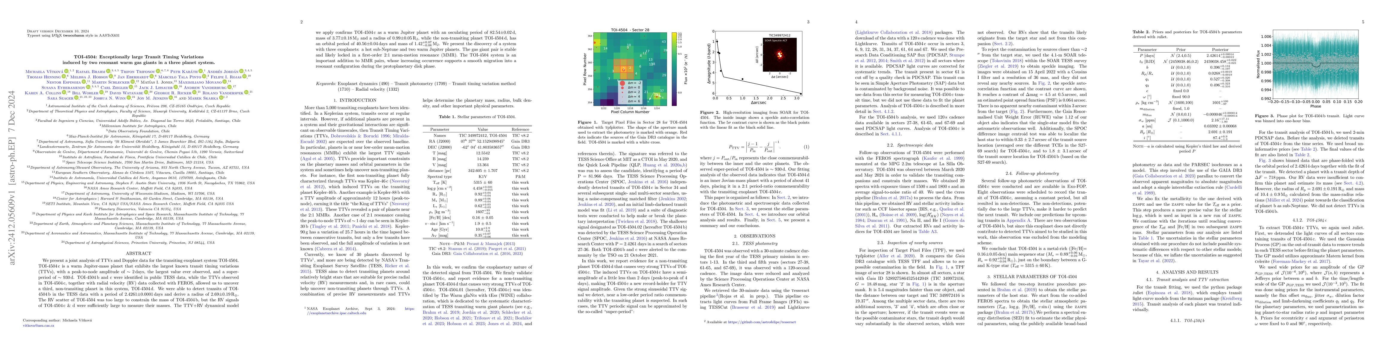 Thumbnail for TOI-4504: Exceptionally large Transit Timing Variations induced by two
  resonant warm gas giants in a three planet system