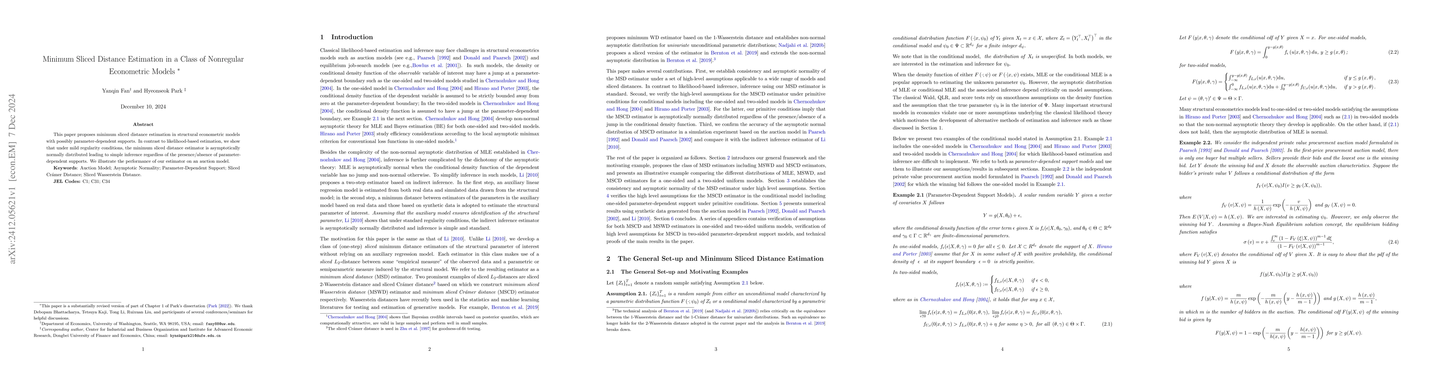 Thumbnail for Minimum Sliced Distance Estimation in a Class of Nonregular Econometric
  Models
