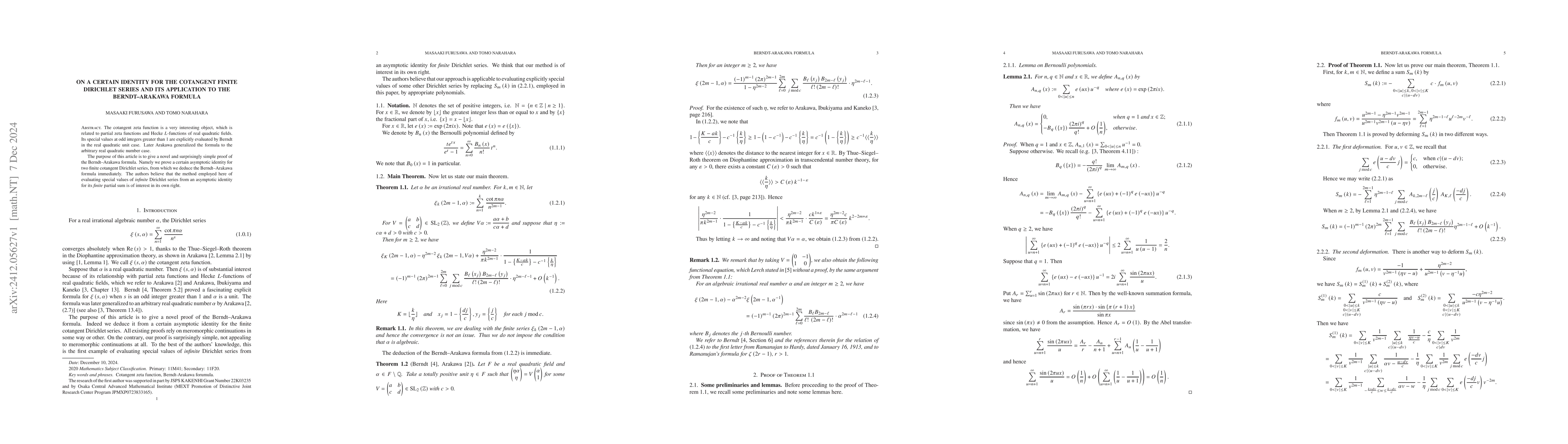 Thumbnail for On a certain identity for the cotangent zeta finite Dirichlet series and
  its application to the Berndt--Arakawa formula