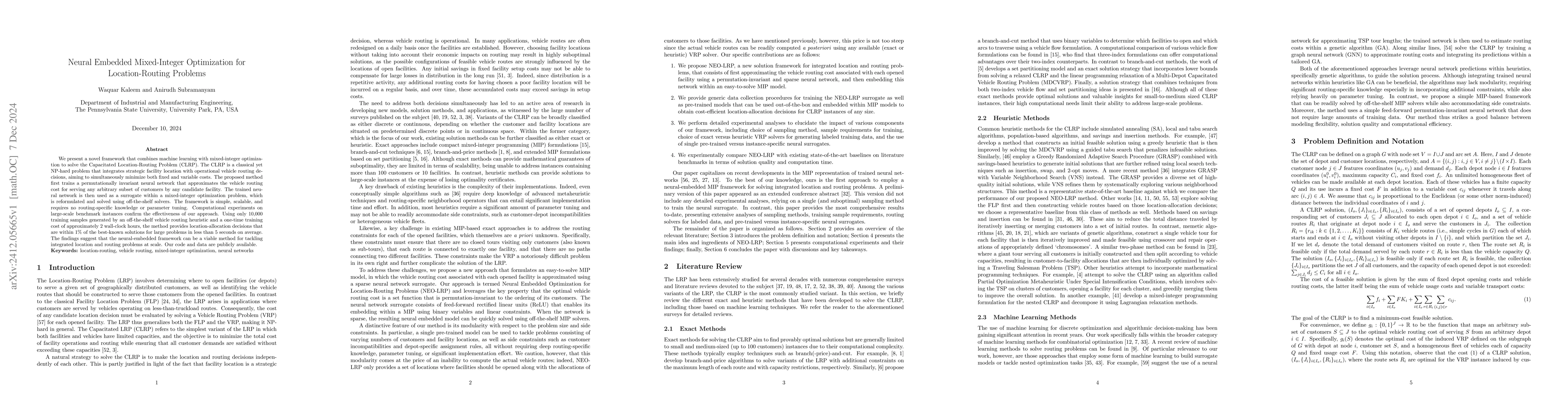 Thumbnail for Neural Embedded Mixed-Integer Optimization for Location-Routing Problems
