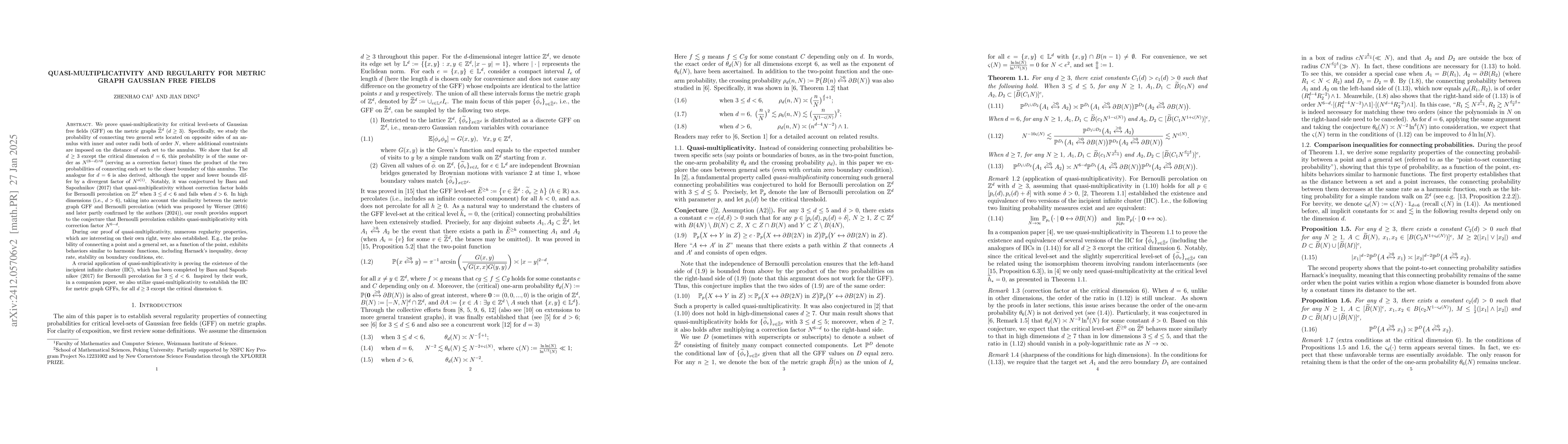 Thumbnail for Quasi-multiplicativity and regularity for critical metric graph Gaussian
  free fields