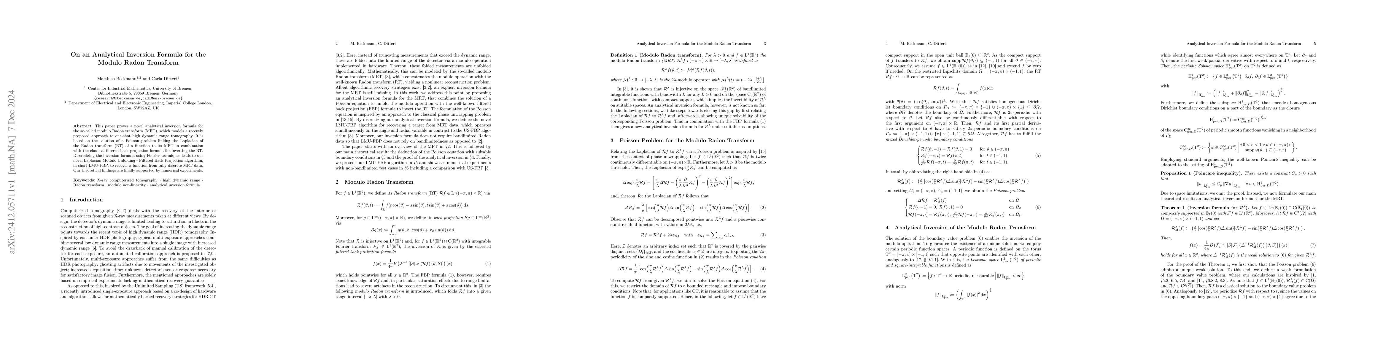 Thumbnail for On an Analytical Inversion Formula for the Modulo Radon Transform