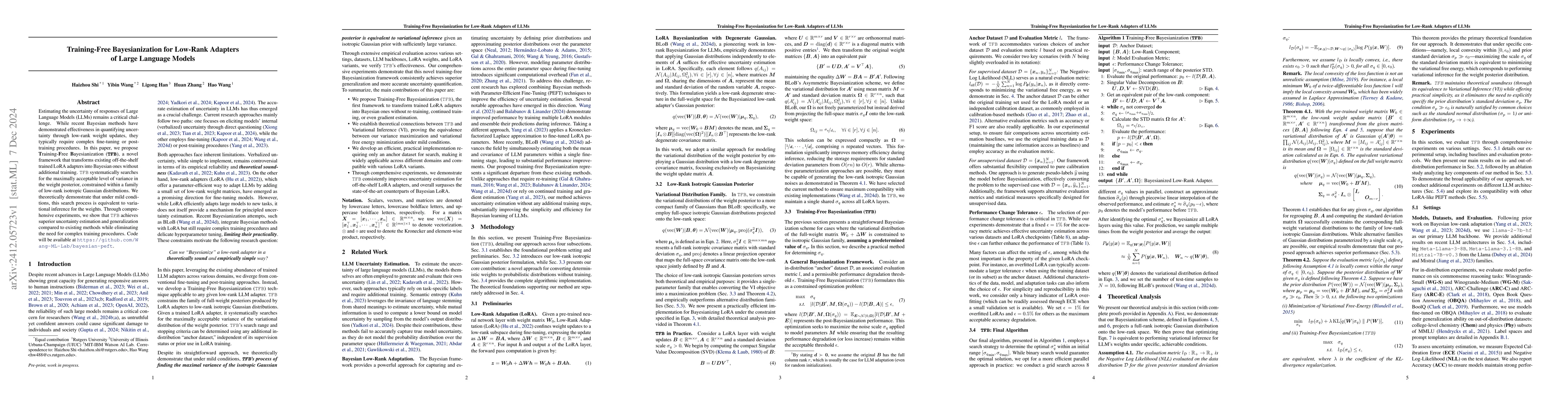 Thumbnail for Training-Free Bayesianization for Low-Rank Adapters of Large Language
  Models
