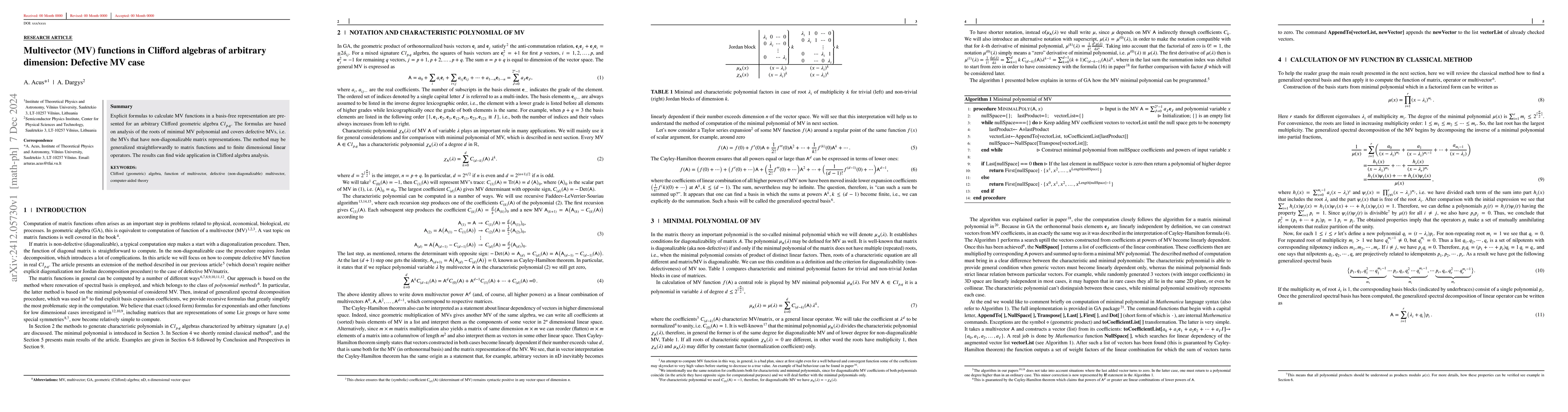 Thumbnail for Multivector (MV) functions in Clifford algebras of arbitrary dimension:
  Defective MV case