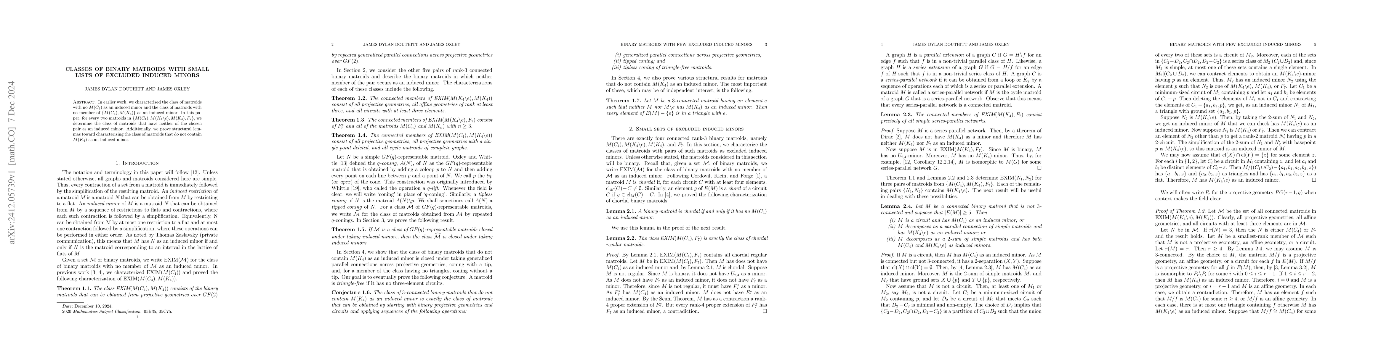 Thumbnail for Classes of binary matroids with small lists of excluded induced minors