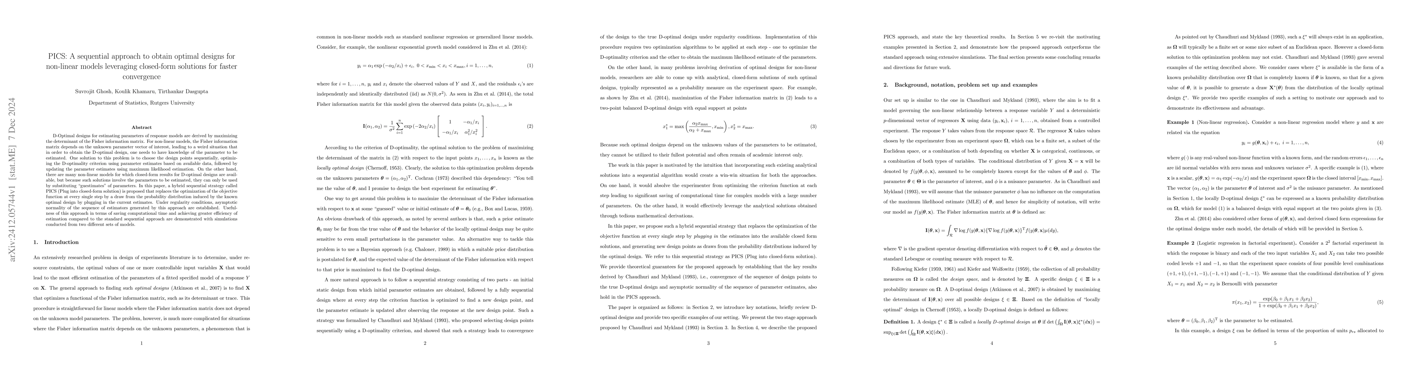 Thumbnail for PICS: A sequential approach to obtain optimal designs for non-linear
  models leveraging closed-form solutions for faster convergence