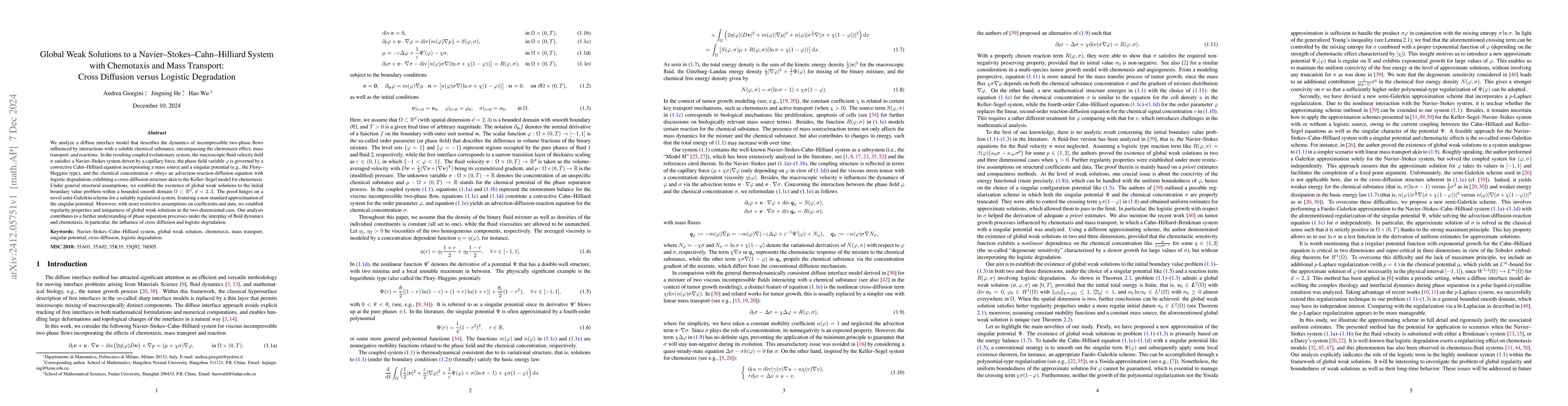 Thumbnail for Global Weak Solutions to a Navier-Stokes-Cahn-Hilliard System with
  Chemotaxis and Mass Transport: Cross Diffusion versus Logistic Degradation