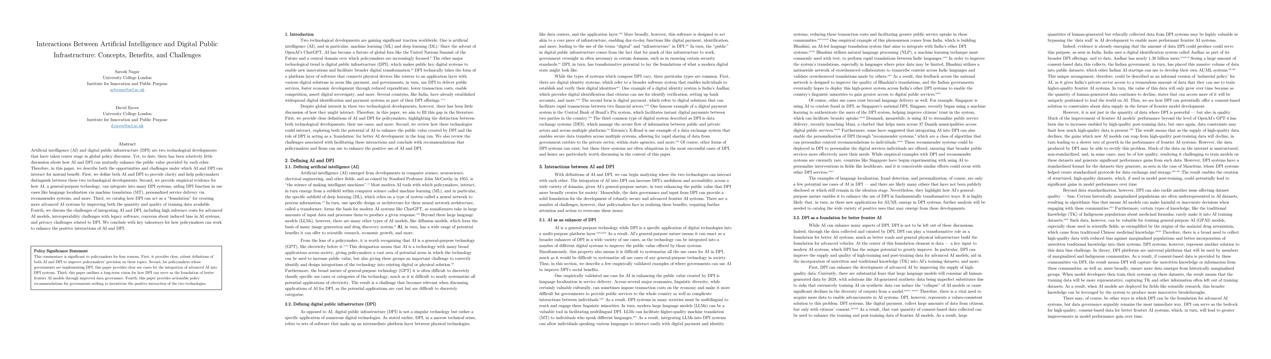 Thumbnail for Interactions Between Artificial Intelligence and Digital Public
  Infrastructure: Concepts, Benefits, and Challenges
