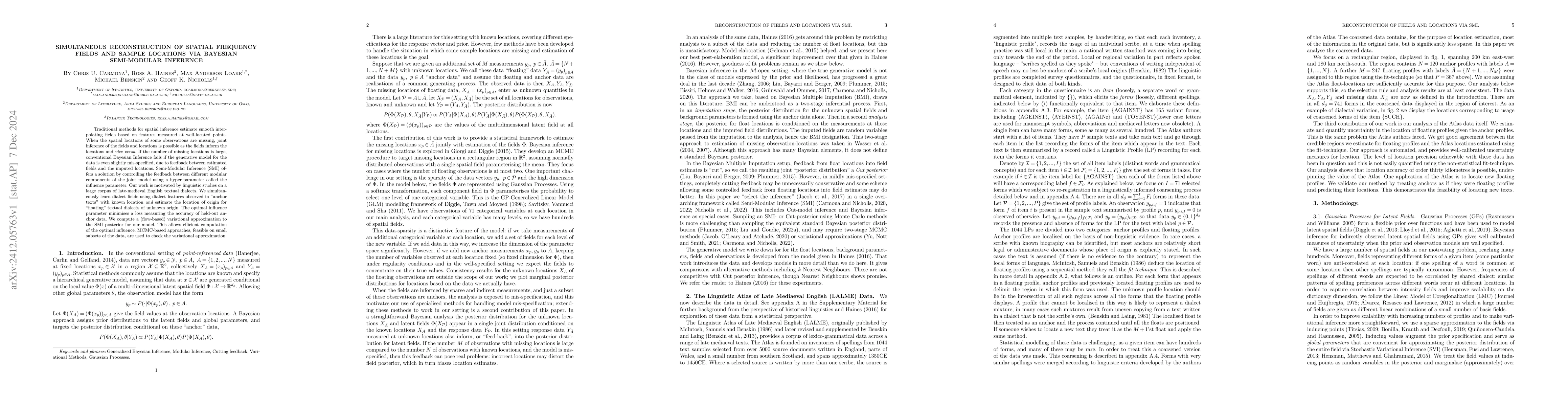 Thumbnail for Simultaneous Reconstruction of Spatial Frequency Fields and Sample
  Locations via Bayesian Semi-Modular Inference