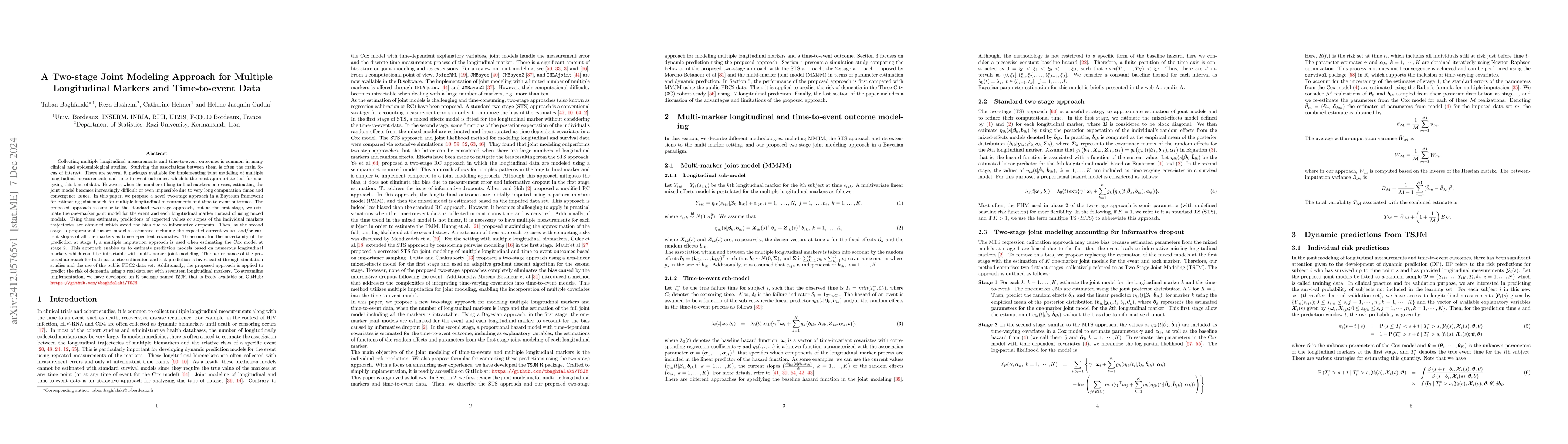 Thumbnail for A Two-stage Joint Modeling Approach for Multiple Longitudinal Markers
  and Time-to-event Data