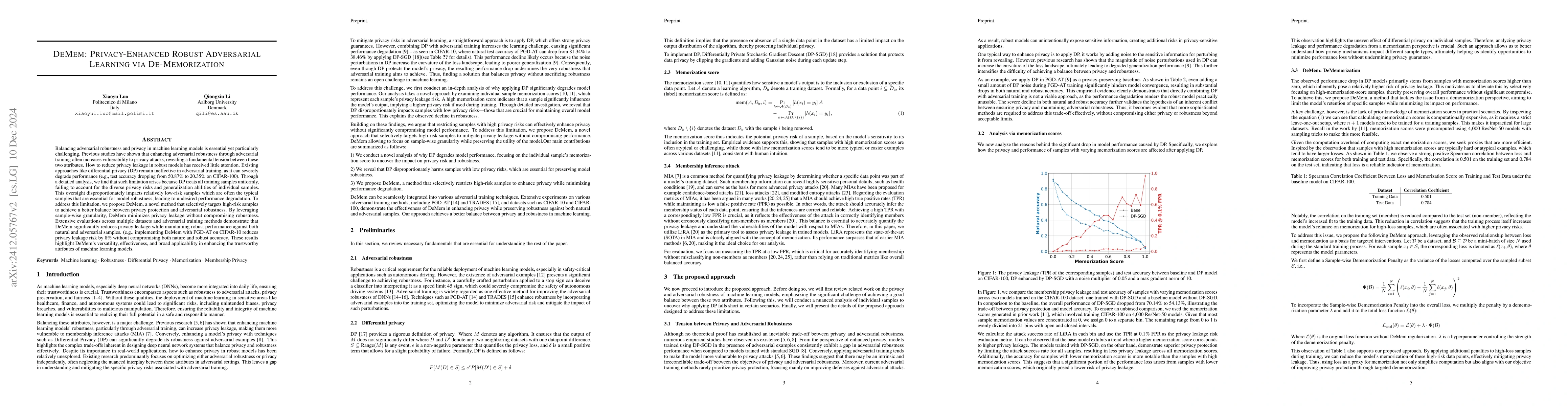 Thumbnail for DeMem: Privacy-Enhanced Robust Adversarial Learning via De-Memorization