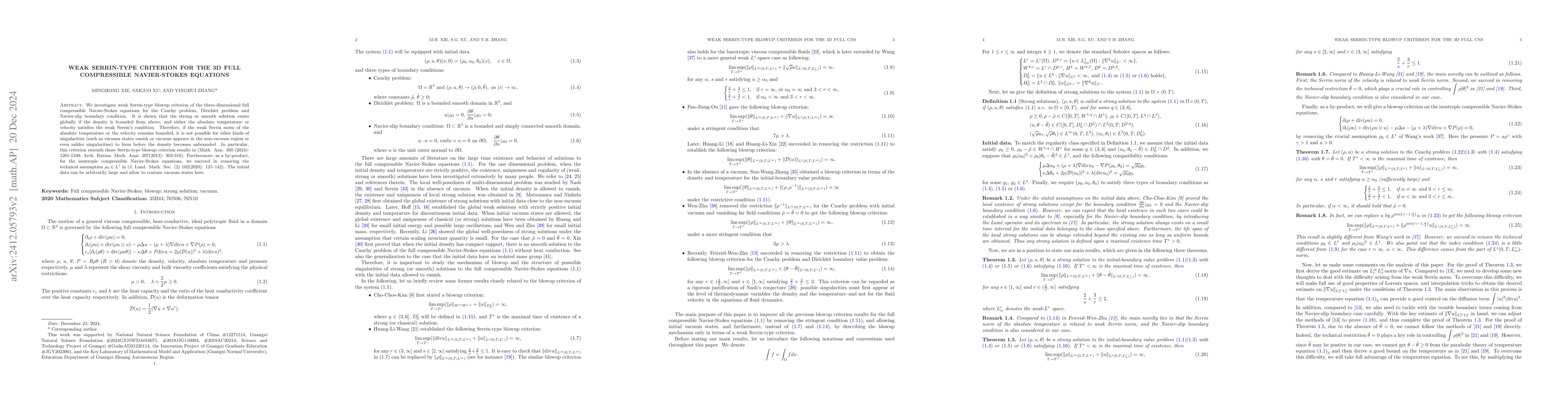 Thumbnail for Weak Serrin-type blowup criterion for the 3D full compressible
  Navier-Stokes equations