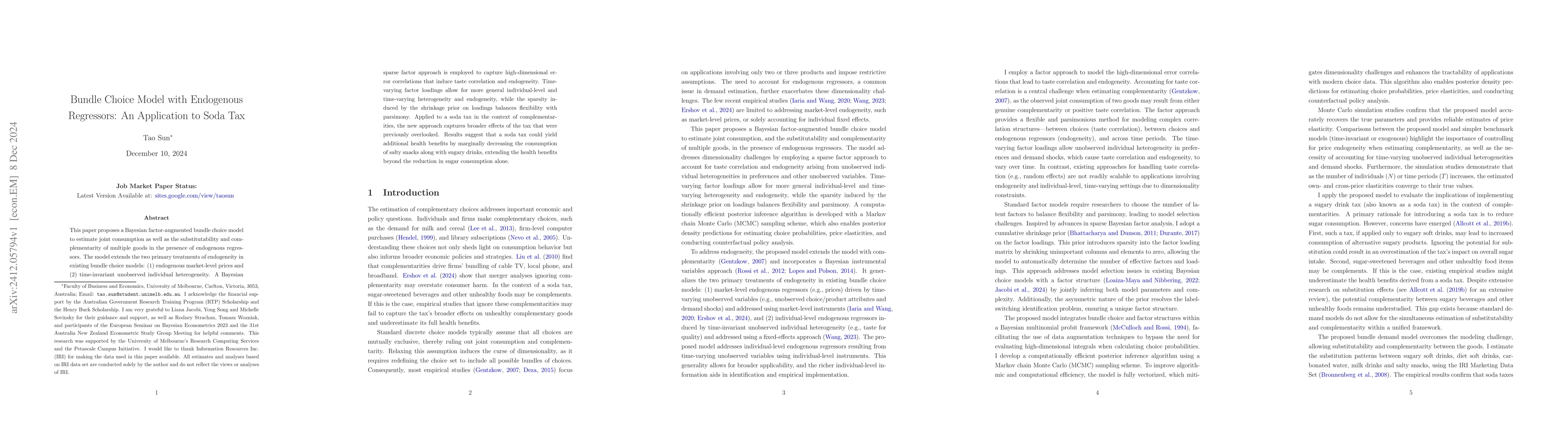 Thumbnail for Bundle Choice Model with Endogenous Regressors: An Application to Soda
  Tax