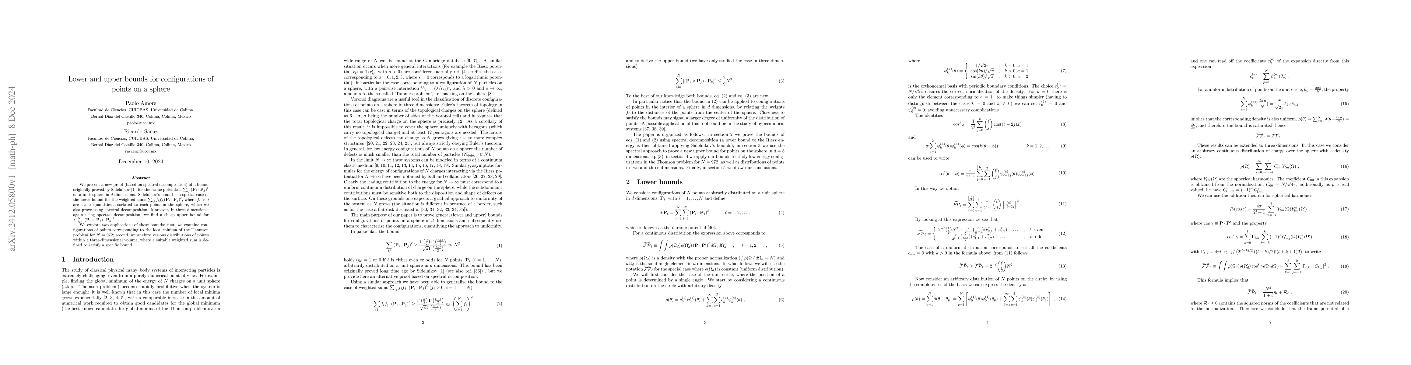Thumbnail for Lower and upper bounds for configurations of points on a sphere