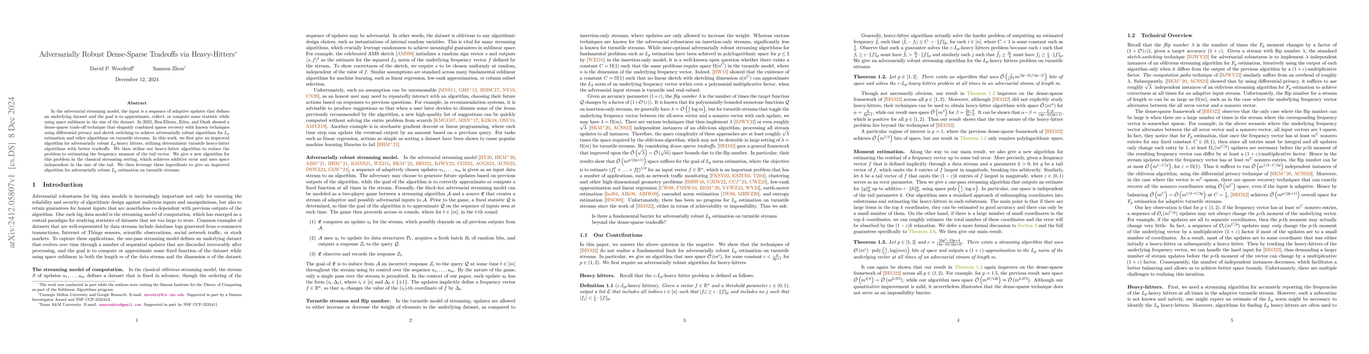 Thumbnail for Adversarially Robust Dense-Sparse Tradeoffs via Heavy-Hitters
