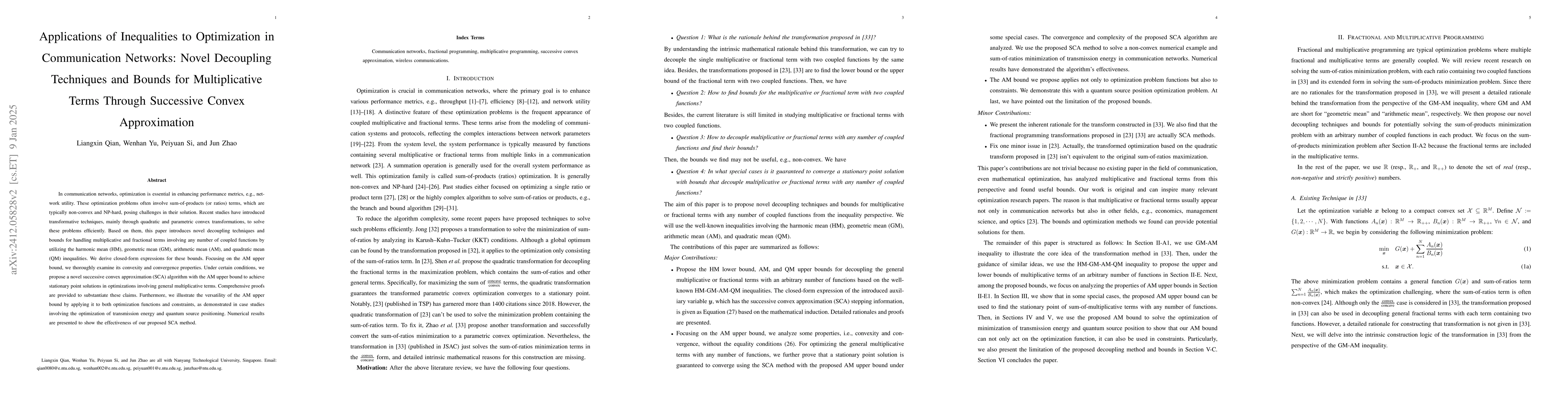 Thumbnail for Applications of Inequalities to Optimization in Communication
  Networking: Novel Decoupling Techniques and Bounds for Multiplicative Terms
  Through Successive Convex Approximation