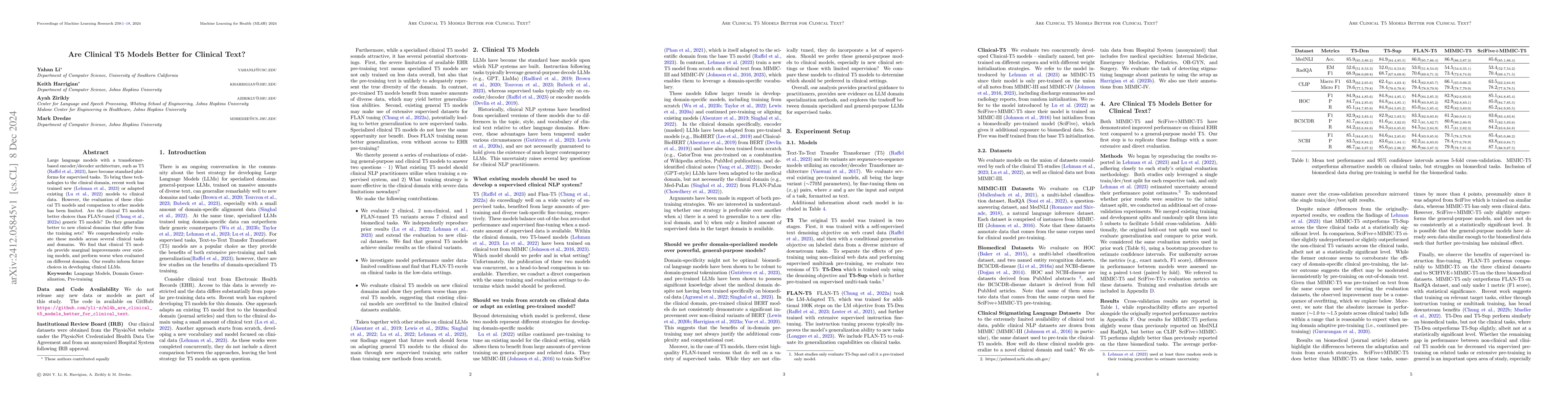 Thumbnail for Are Clinical T5 Models Better for Clinical Text?