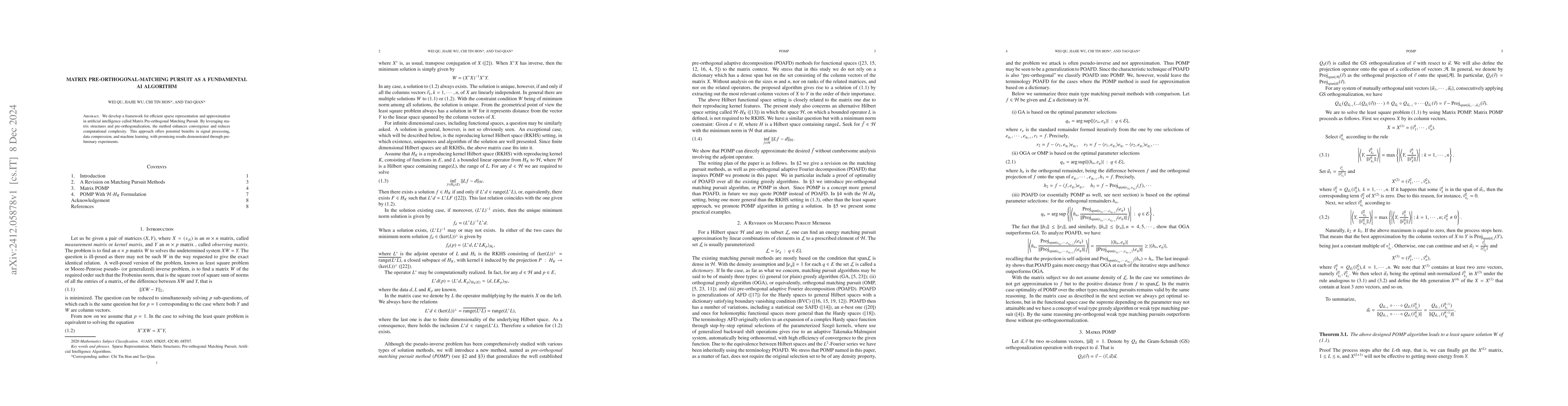 Thumbnail for Matrix Pre-orthogonal-Matching Pursuit as a Fundamental AI Algorithm