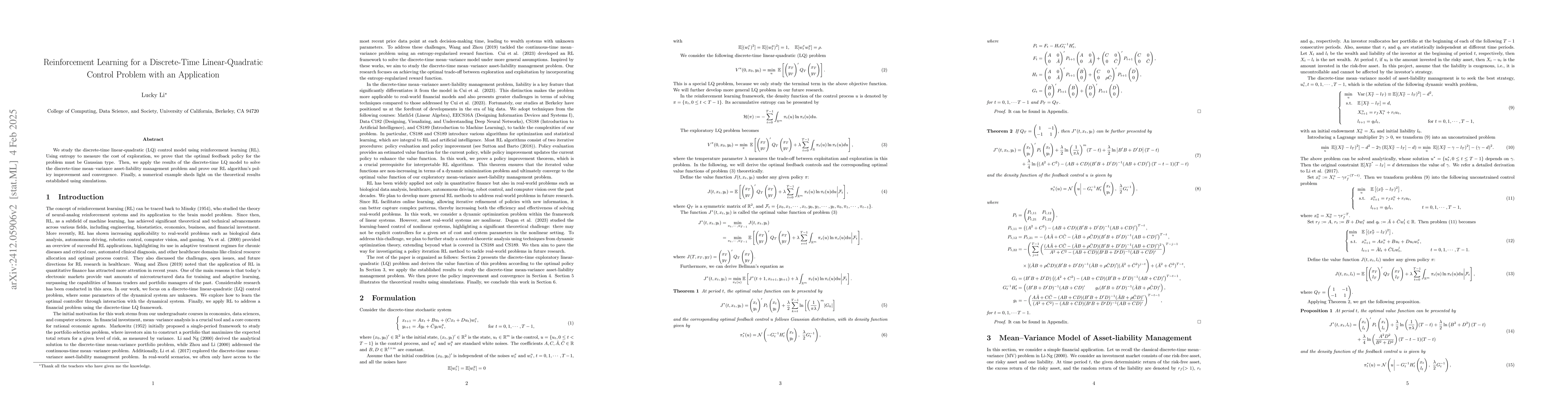 Thumbnail for Reinforcement Learning for a Discrete-Time Linear-Quadratic Control
  Problem with an Application