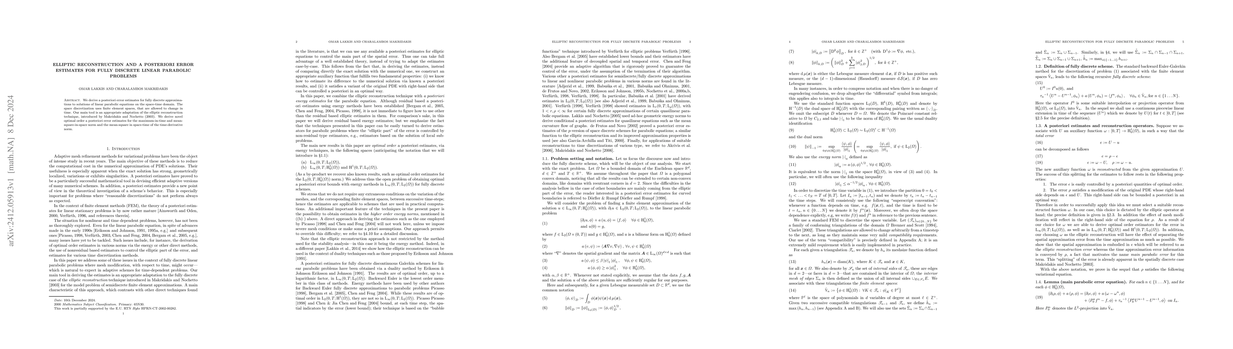 Thumbnail for Elliptic reconstruction and a posteriori error estimates for fully
  discrete linear parabolic problems