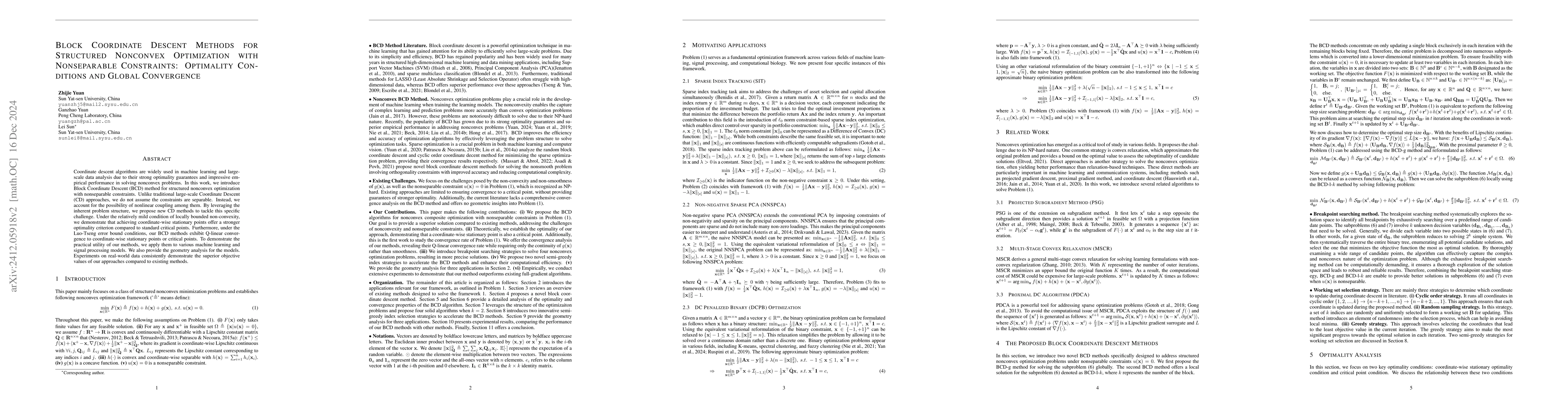 Thumbnail for Block Coordinate Descent Methods for Structured Nonconvex Optimization
  with Nonseparable Constraints: Optimality Conditions and Global Convergence