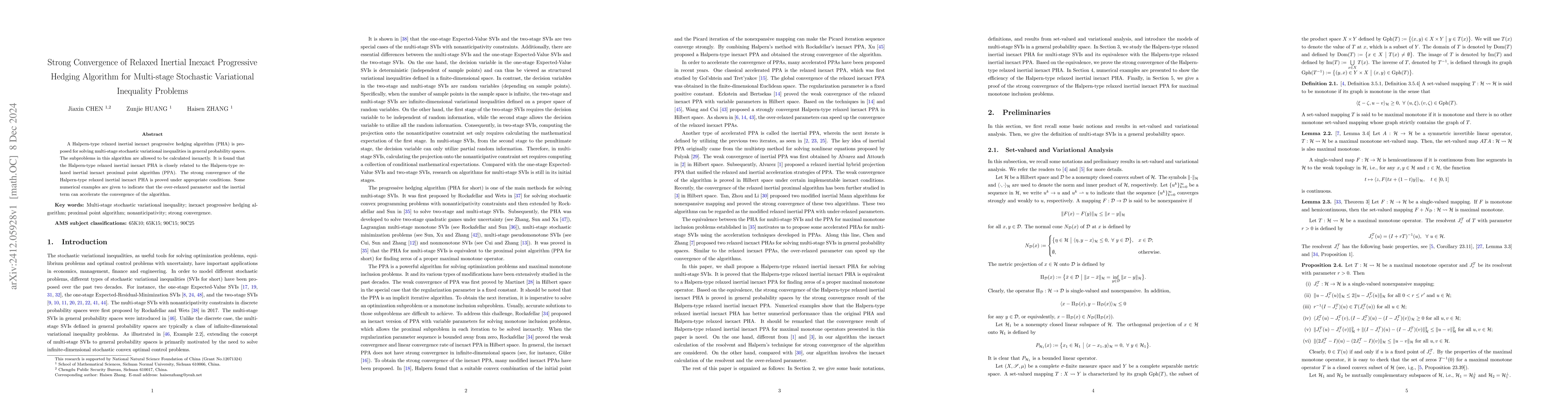 Thumbnail for Strong Convergence of Relaxed Inertial Inexact Progressive Hedging
  Algorithm for Multi-stage Stochastic Variational Inequality Problems