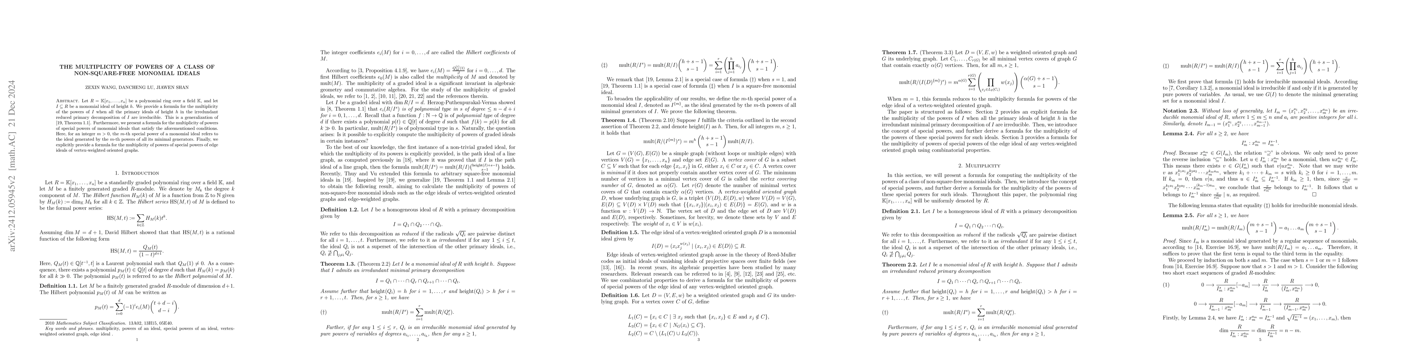 Thumbnail for The Multiplicity of Powers of a Class of Non-Square-free Monomial Ideals