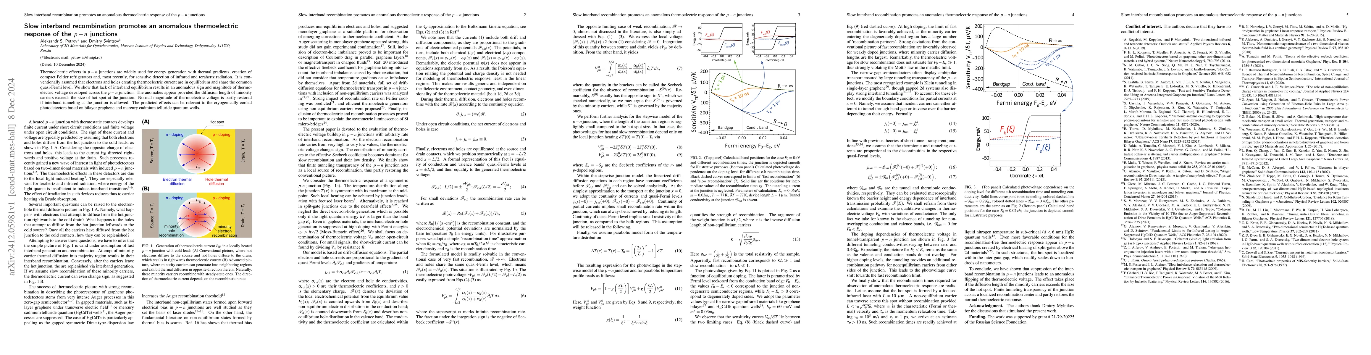 Thumbnail for Slow interband recombination promotes an anomalous thermoelectric
  response of the $p-n$ junctions