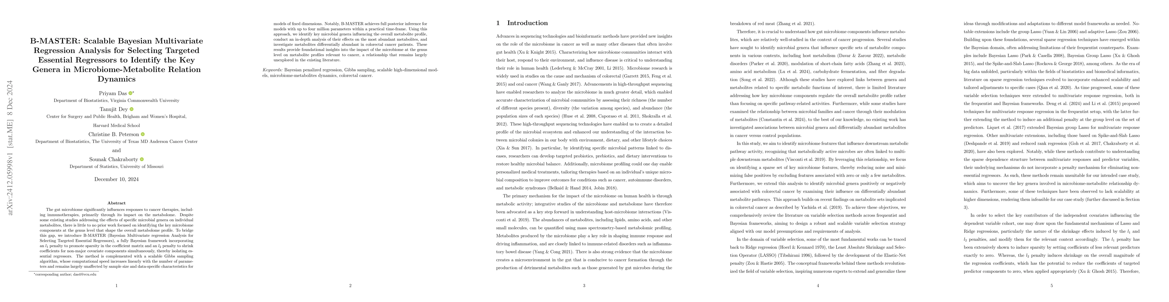 Thumbnail for B-MASTER: Scalable Bayesian Multivariate Regression Analysis for
  Selecting Targeted Essential Regressors to Identify the Key Genera in
  Microbiome-Metabolite Relation Dynamics