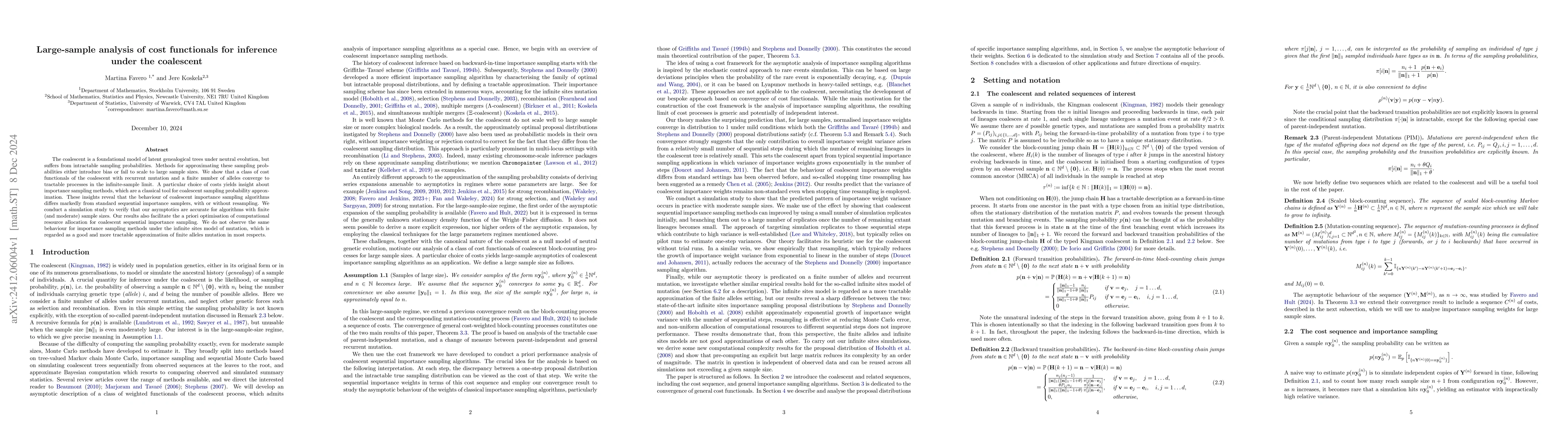 Thumbnail for Large-sample analysis of cost functionals for inference under the
  coalescent